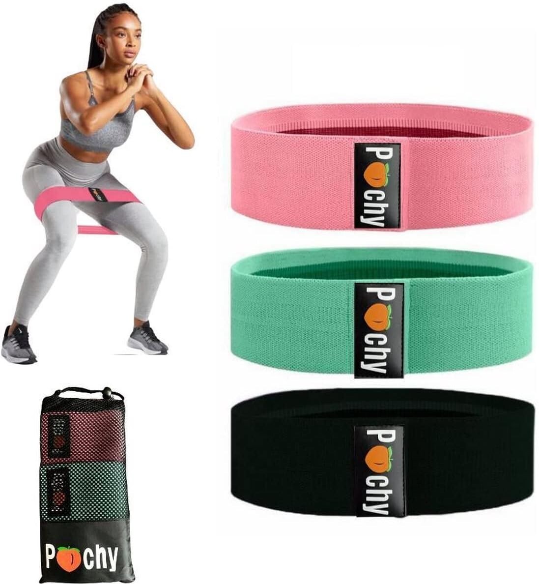 NWT 3 PACK PEACHY THICK ELASTIC STRETCH FABRIC BOOTY EXERCISE BANDS & CARRY CASE