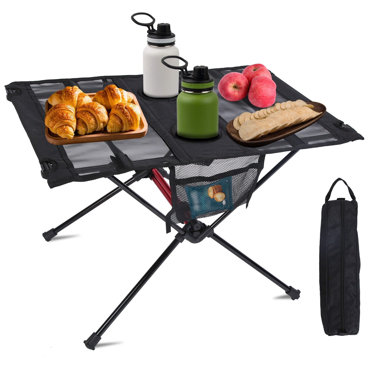 Folding Aluminum Camping Table with Mesh Storage Pockets & Dual Cup Holders