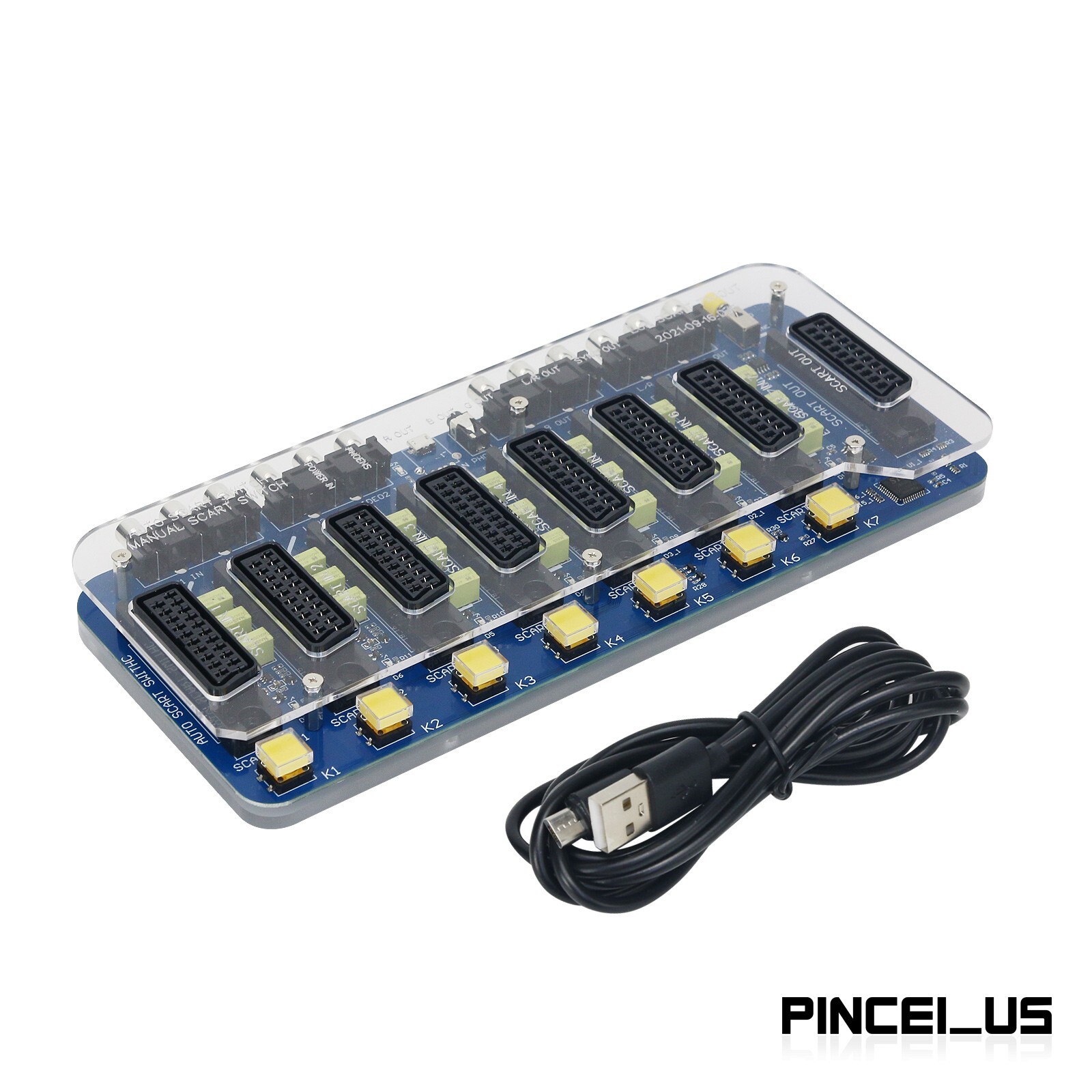 New Acrylic Case Automatic/Manual SCART SWITCH Distributor Converter 7 IN 1 OUT