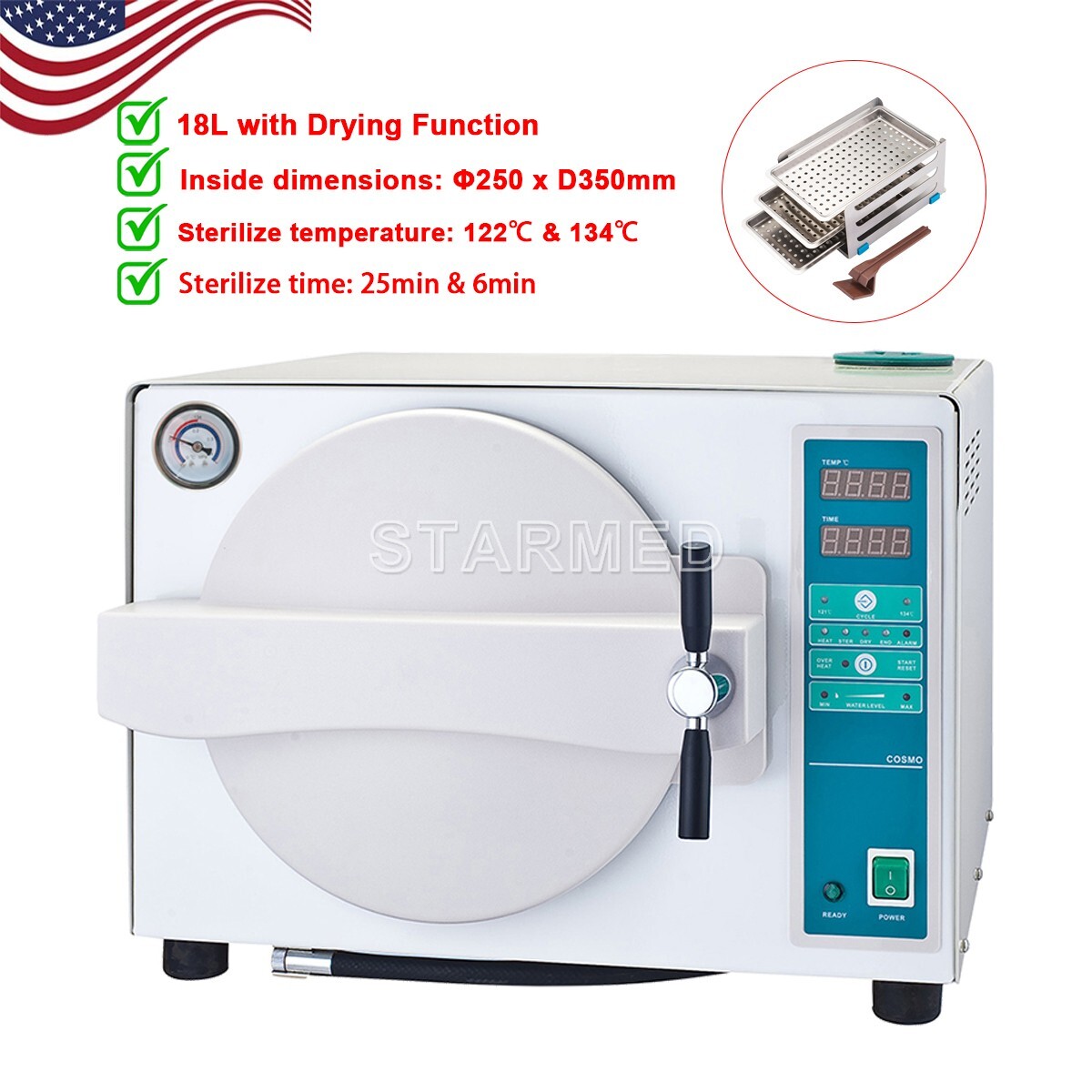 18L Dental Autoclave Steam Sterilizer Automatic Medical Sterilizition w/ Drying