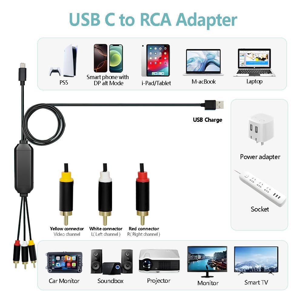 Plug & Play 6Ft USB-C to RCA Adapter - Seamless Audio & Video Connection