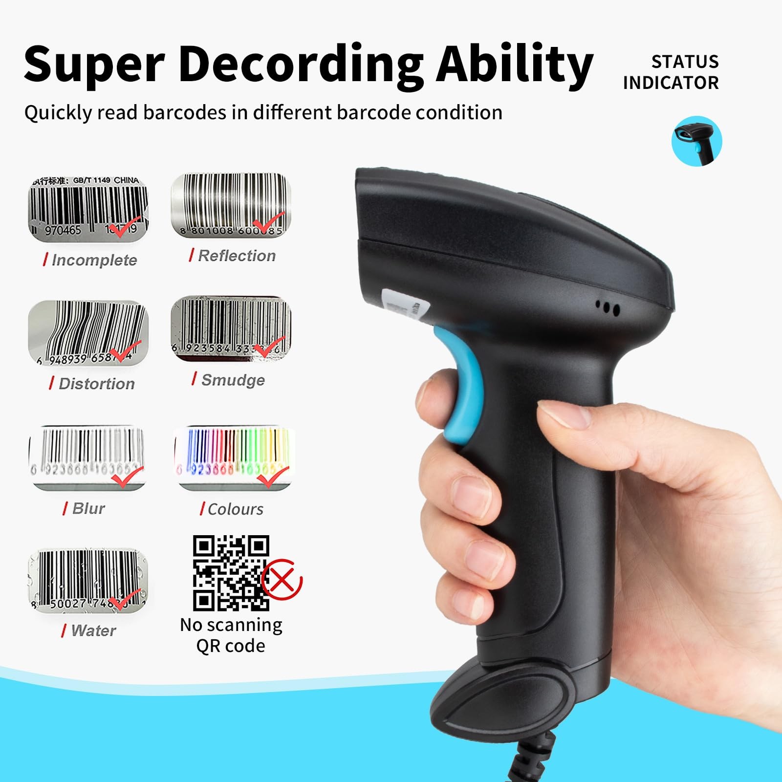JIAN BOLAND Barcode Scanner USB 1D Wired CCD Reader Black-U1C