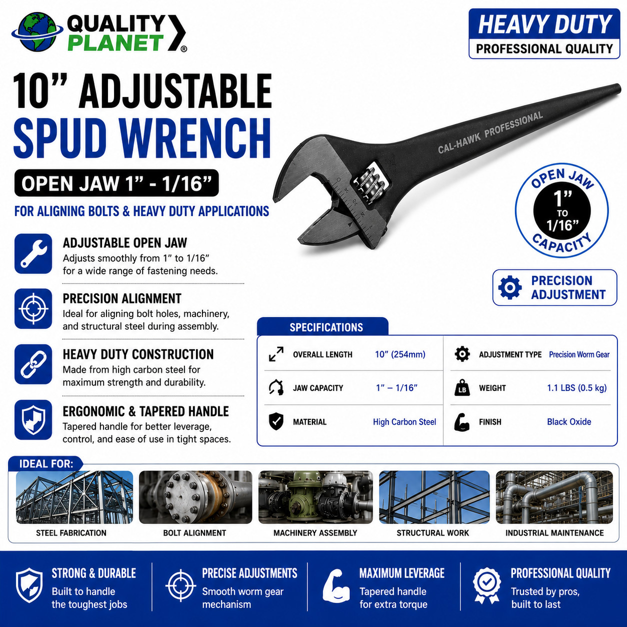 10" Adjustable Spud Wrench Open Jaw 1"- 1/16" for Aligning Bolts
