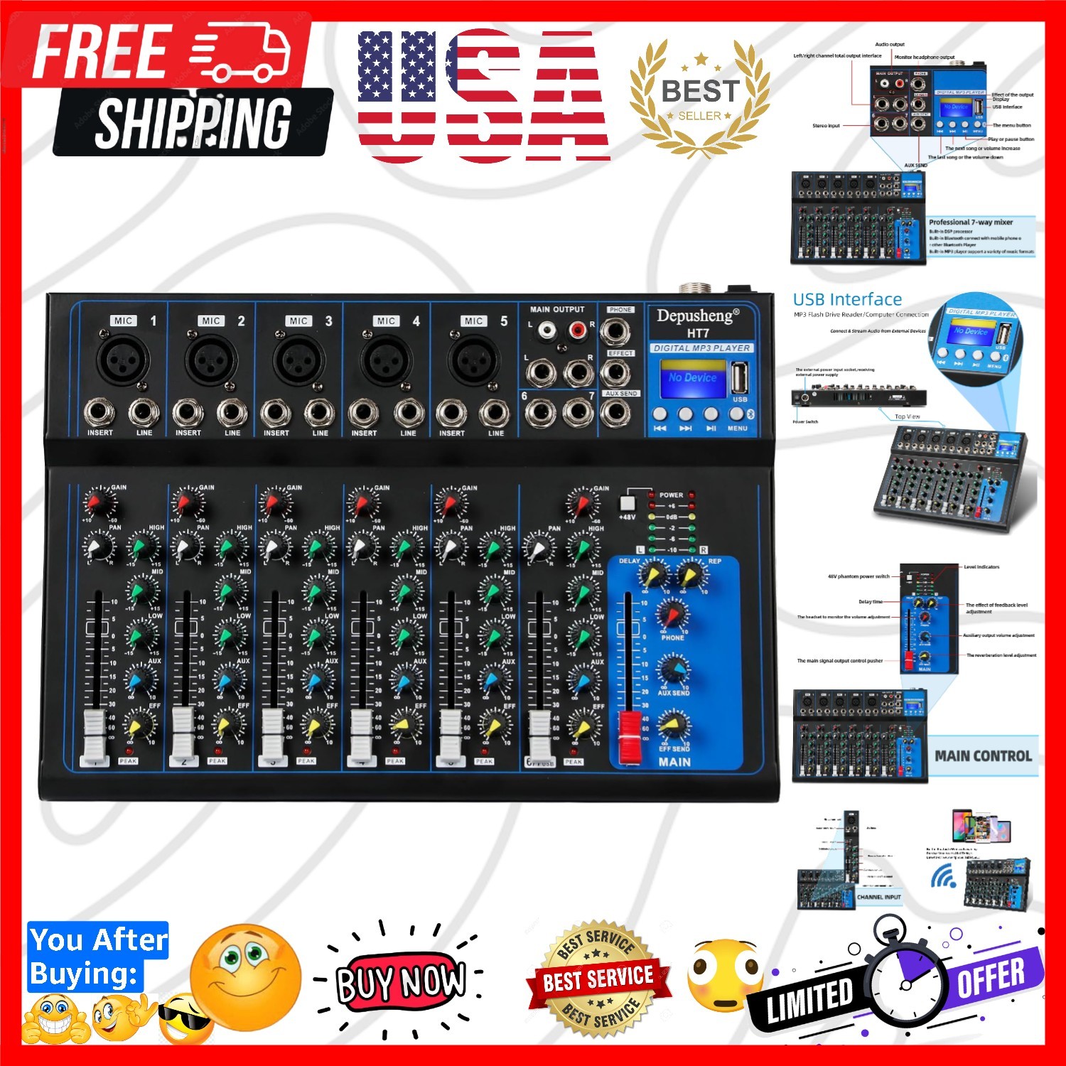 HT7 Bluetooth Portable Audio Mixer w/USB DJ Sound Mixing Console MP3 Jack 48V...