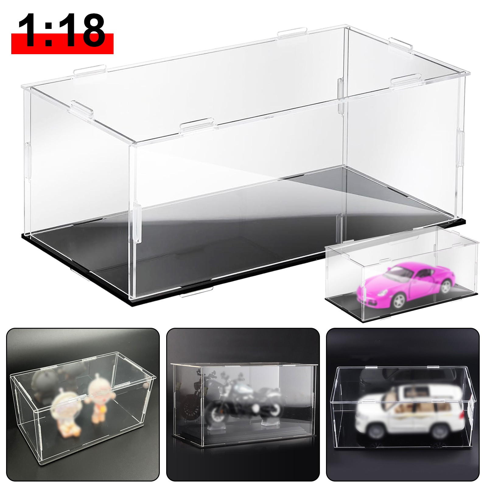 Acrylic Display Case For 1: 18 Model Car with Black Base Clear Storage Stand Box