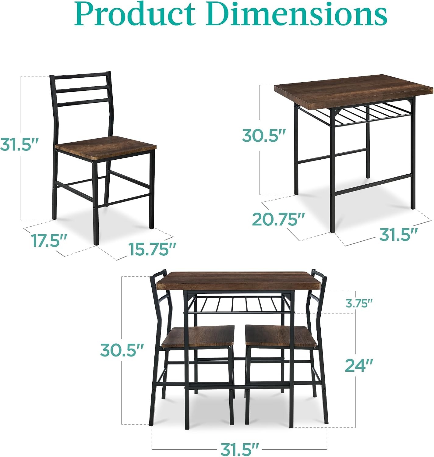 Choice Products 3-Piece Modern Dining Set, Space Saving Dinette for Kitchen,