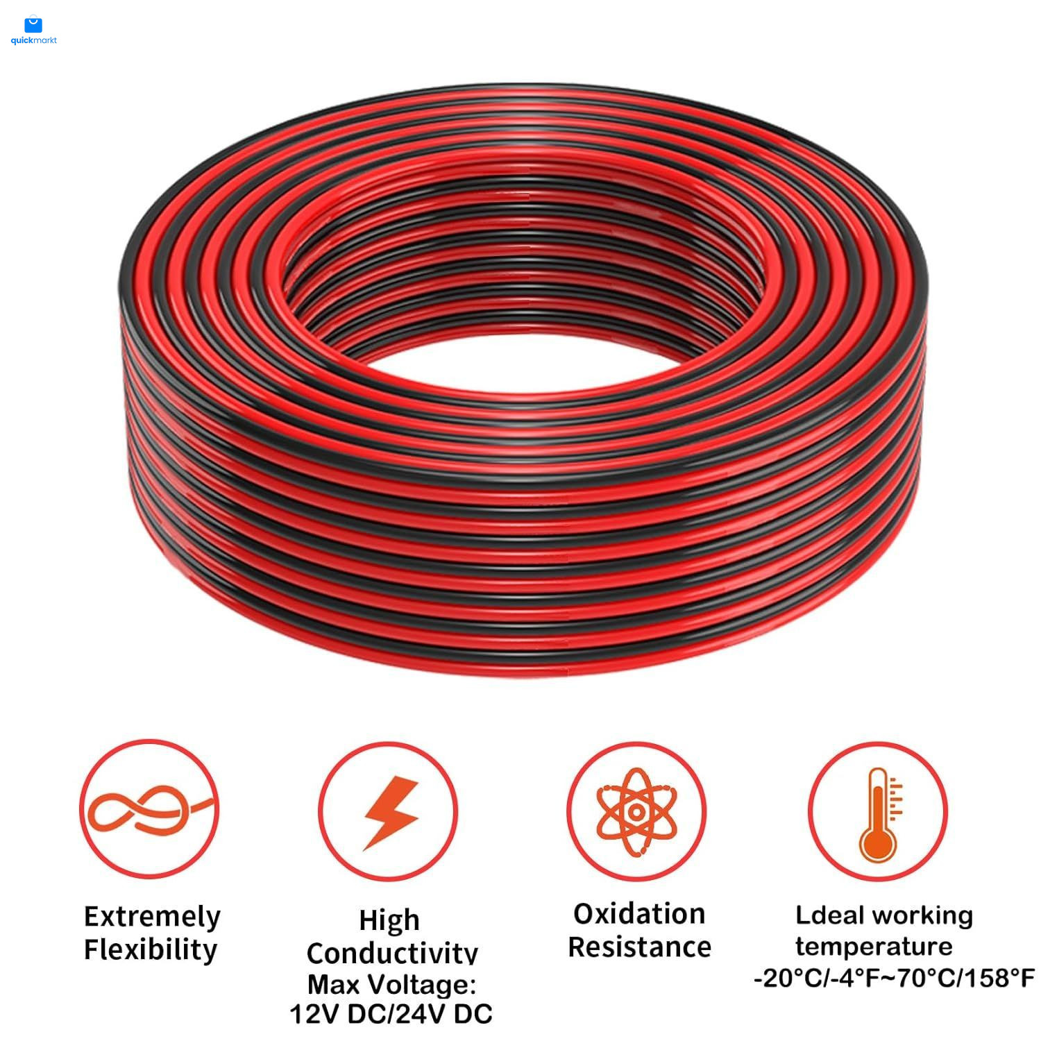 16 Gauge 2 Conductors 30FT Electrical Wire, Red Black Cable, 30FT, Red,