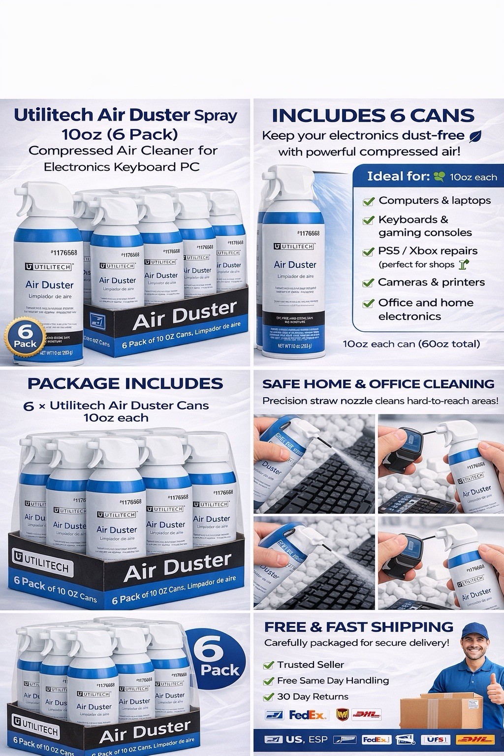 Utilitech Air Duster 10oz (6 Pack) Compressed Air For Electronics Cleaning