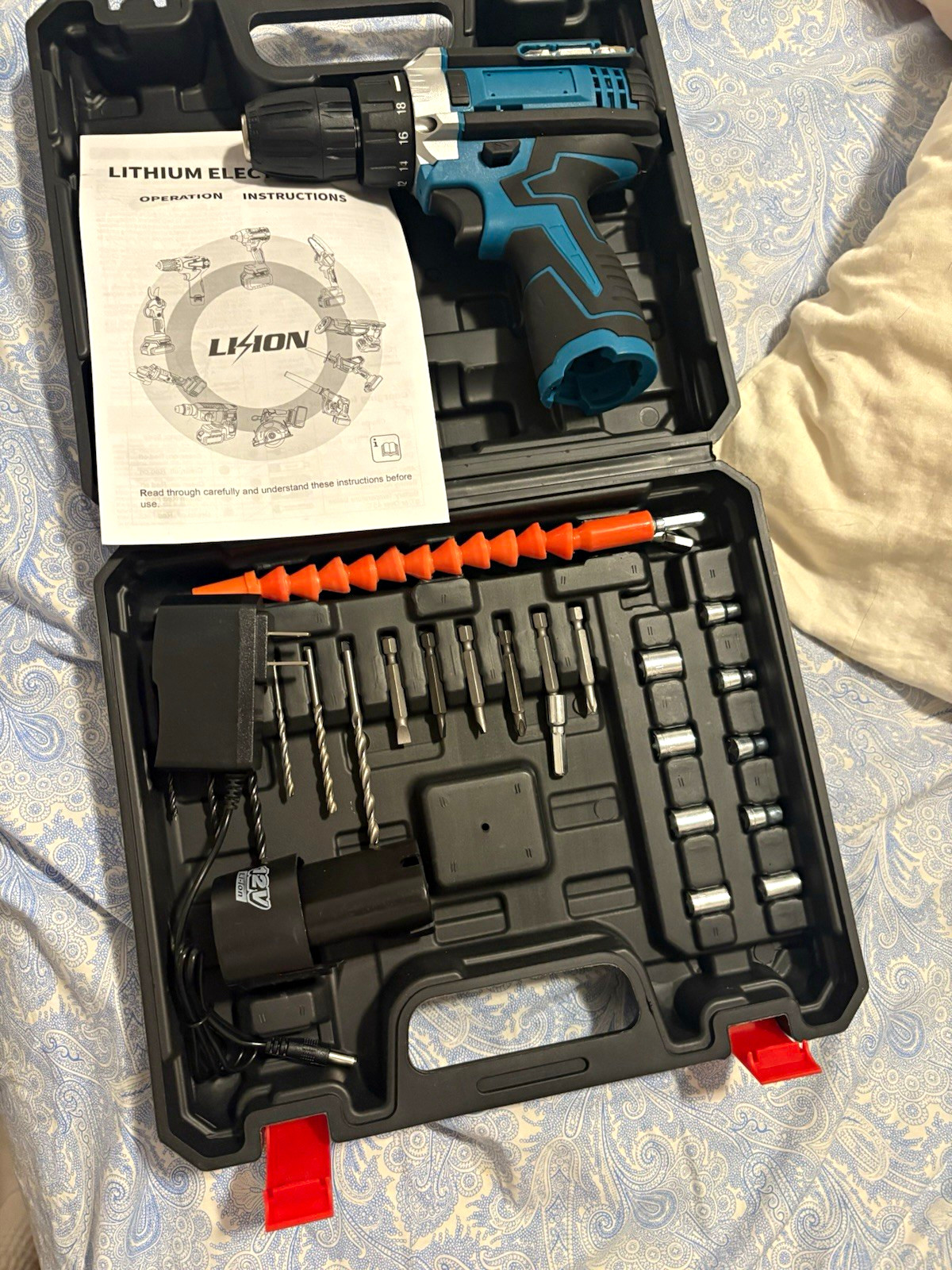 Li-Ion 12V Cordless Drill Set Blue/Black w/ Battery, Charger, Bits, Case
