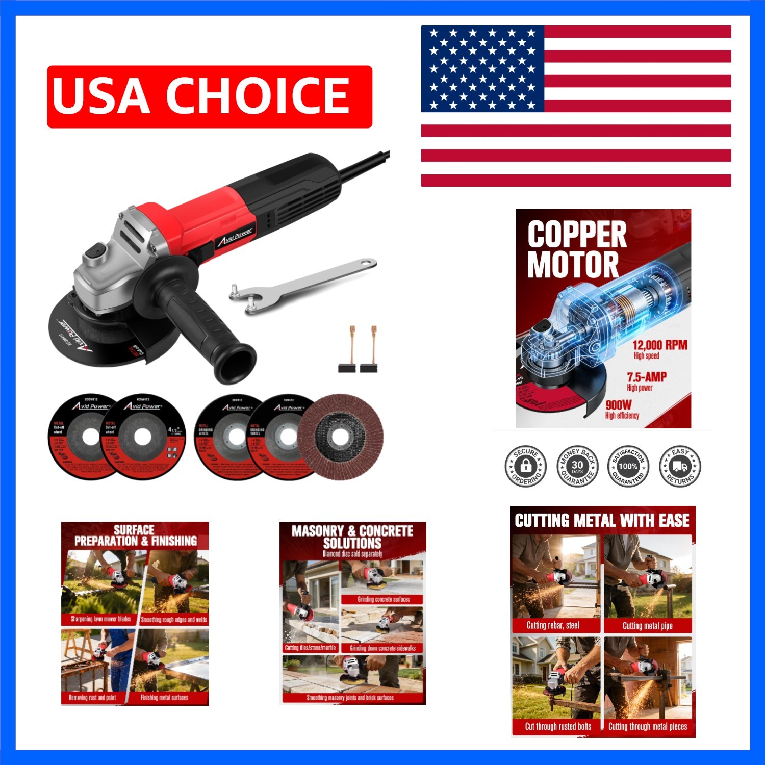 Angle Grinder, 7.5-Amp 4-1/2 inch Electric Grinder Power Tools with Grinding ...