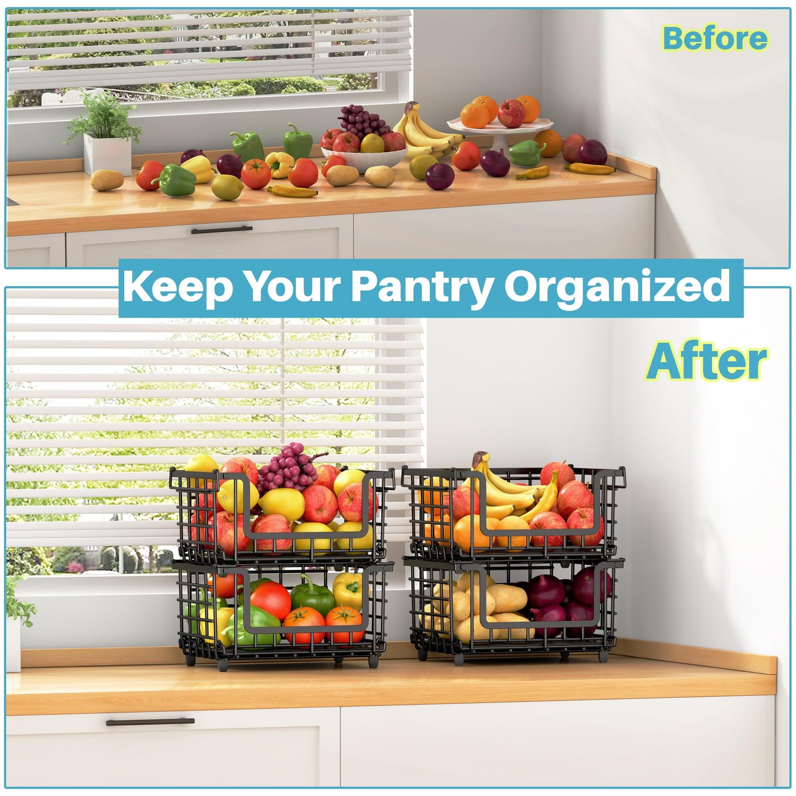 2 Pack Stackable Metal Wire Vegetable Fruit Basket for Kitchen Counter Cabine...