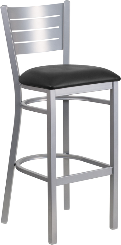 Silver Slat Back Metal Restaurant Barstool with Black Vinyl Seat
