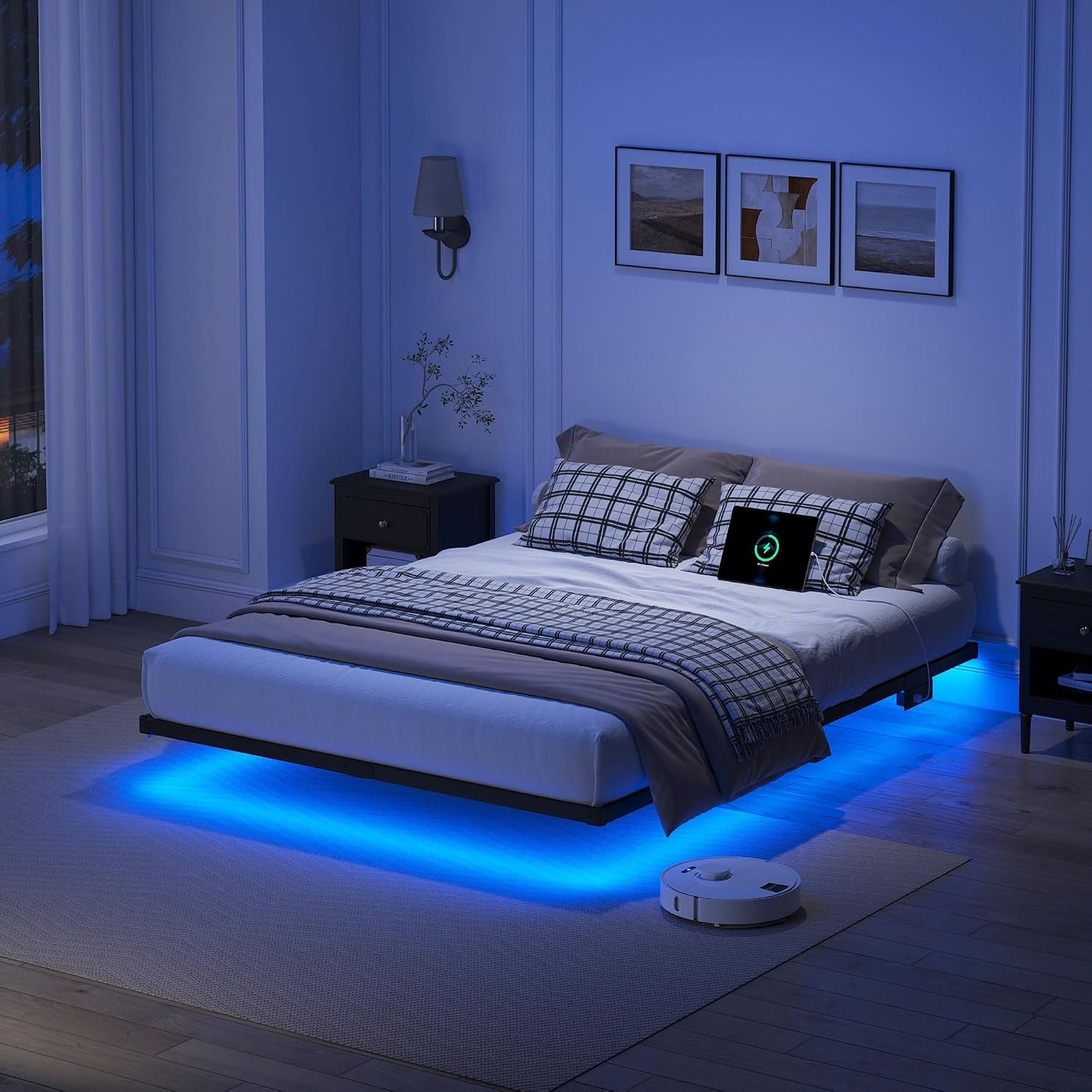 Floating Bed Frame Full Size Heavy Duty Bedframe with Smart LED Lights