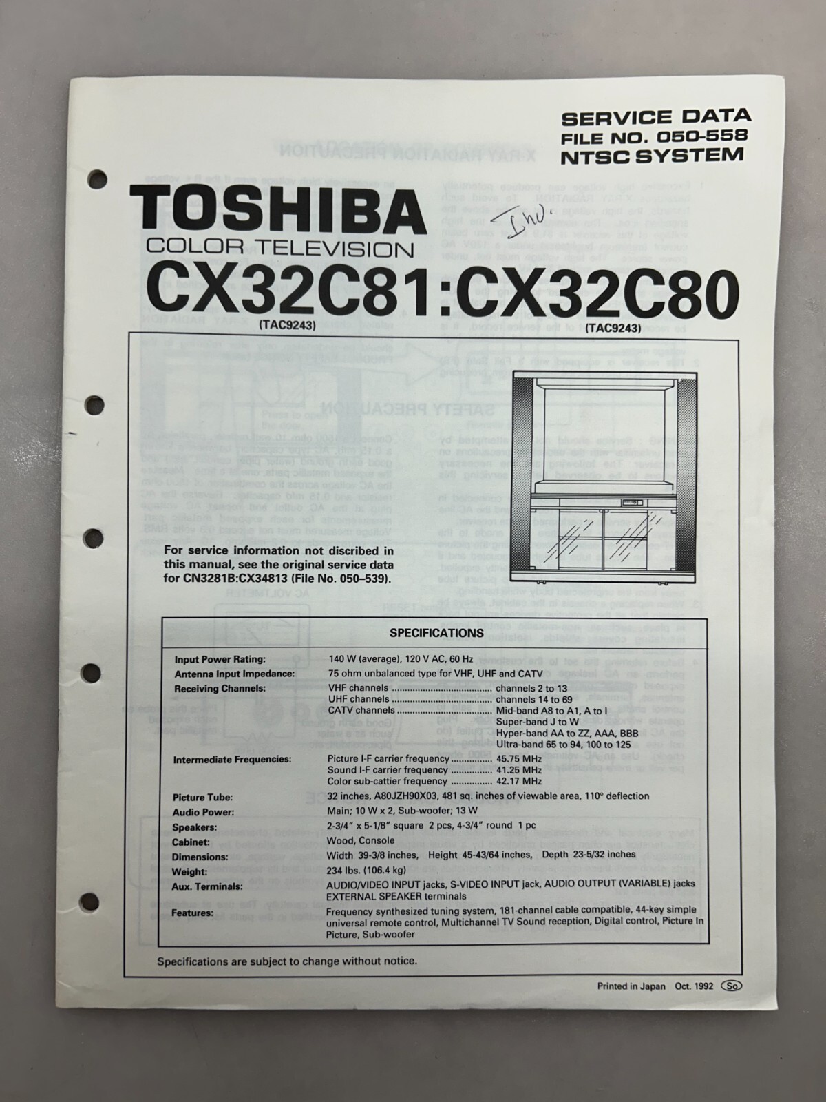 Toshiba CX32C81 CX32C80 Original Service Manual Free Shipping