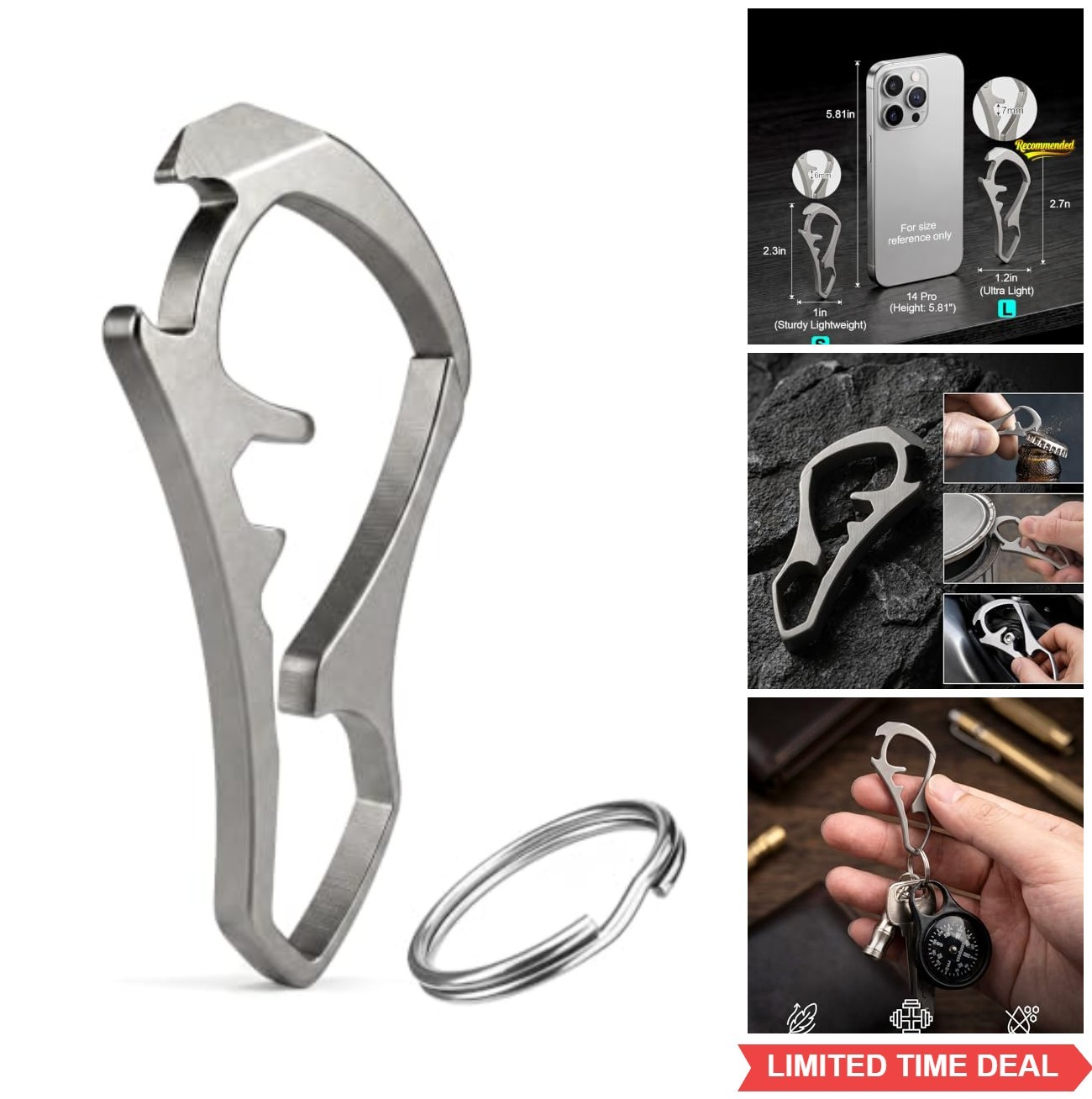 Titanium Carabiner Multi-Tool 2.3 or 2.7 Inch Bottle Opener Hex Wrench Pry Bar