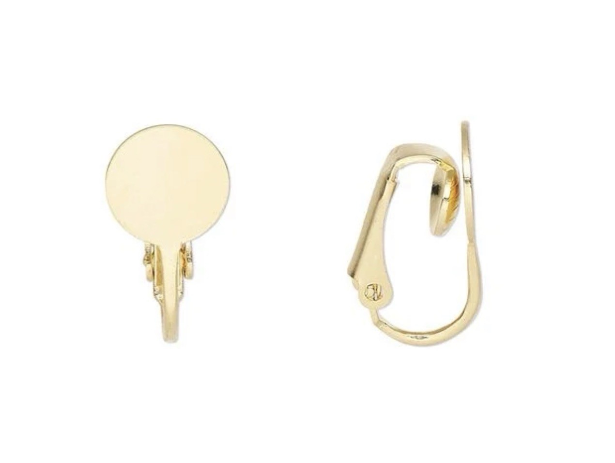 Earring clip-on Blank 1pkg10 gold-plated 19mm hinged 10mm round flat pad setting