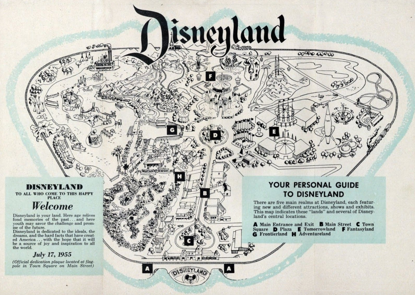 1955 Disney Land Guide Map Mickey Mouse Walt Disney Replica Print
