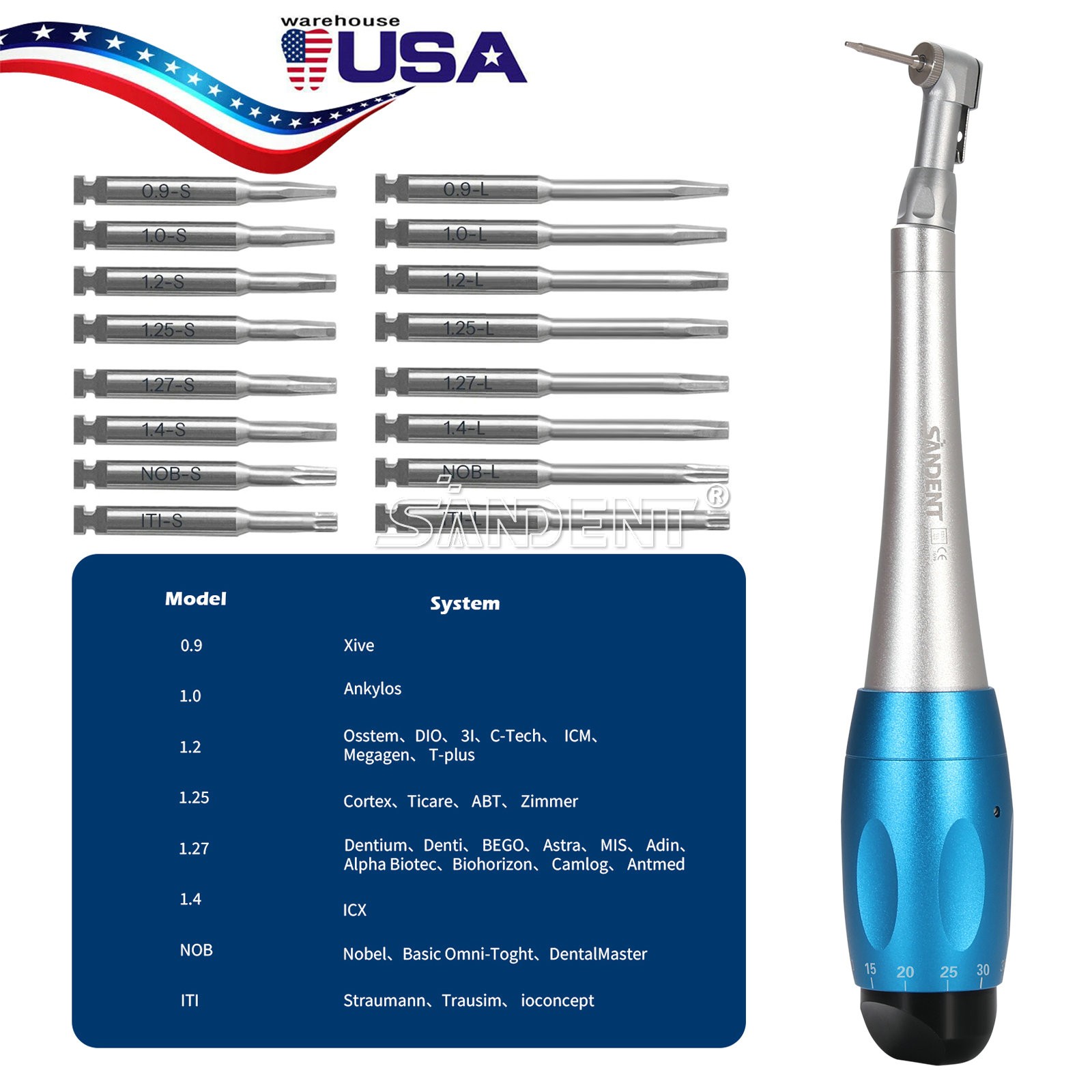 Universal Implant Kit Torque Wrench Contra Angle & 16pcs Drivers UPS! SANDENT