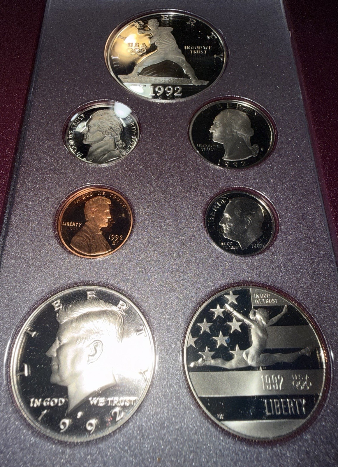 ⭐️1992 S Prestige Proof Set Olympics 90% Silver Dollar 7 US Coins⭐️