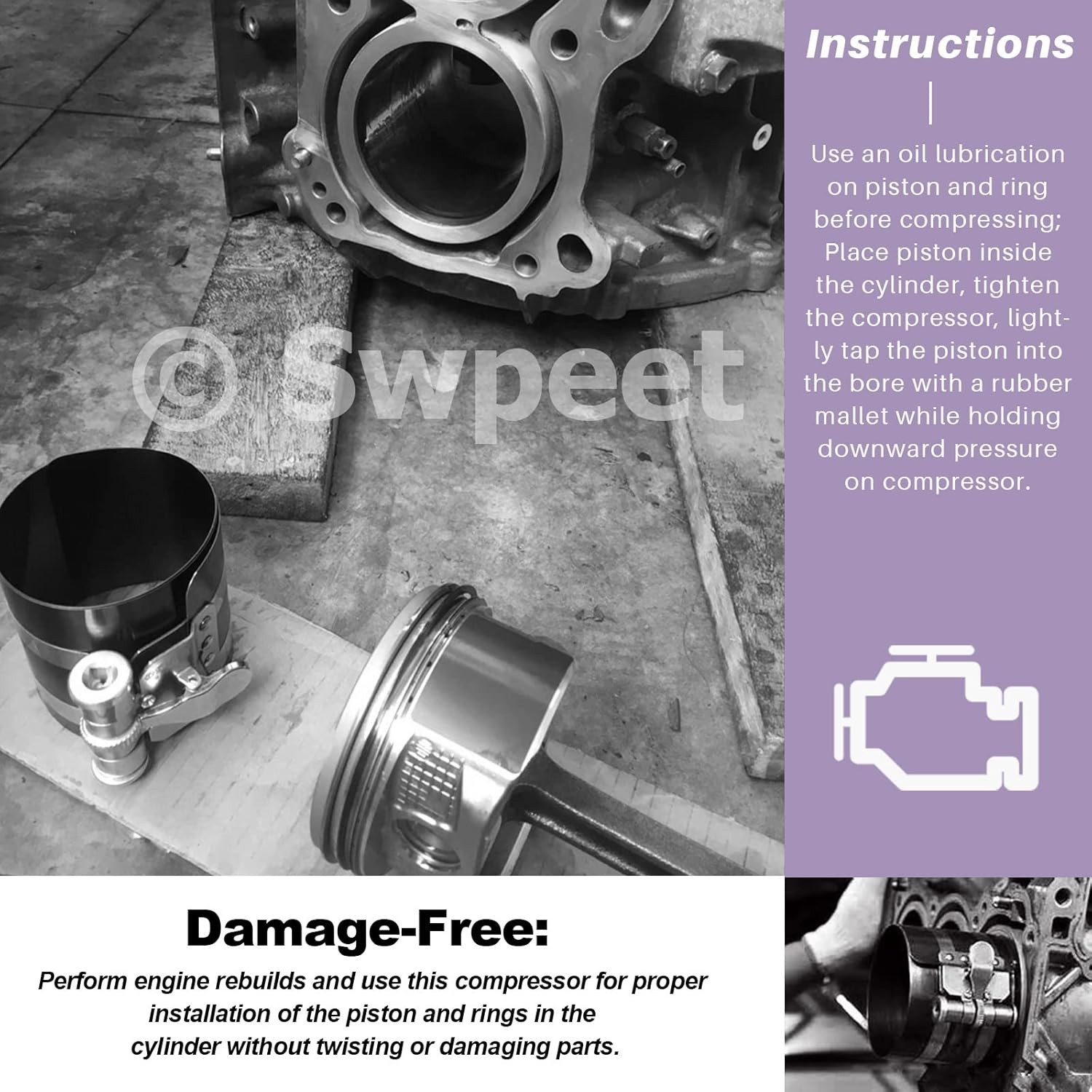 Swpeet 8Pcs 3" 4" 6" Piston Ring Compressor and Adjustable Piston Installation T