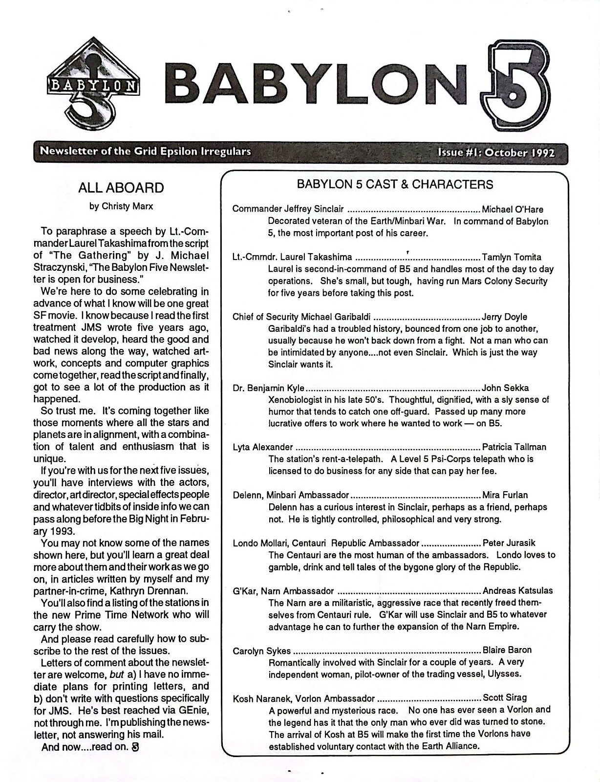 Babylon 5 Fanzine "Newsletter of the Grid Epsilon Irreglulars 1" 1992