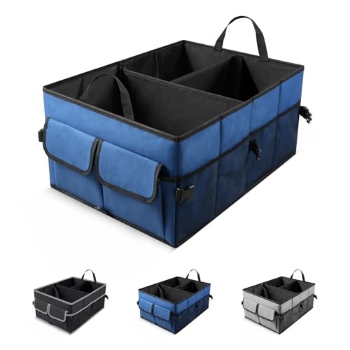 Auto Collapsible Trunk Organizer, 3 Large Compartments and 6 Pockets Dark Blue