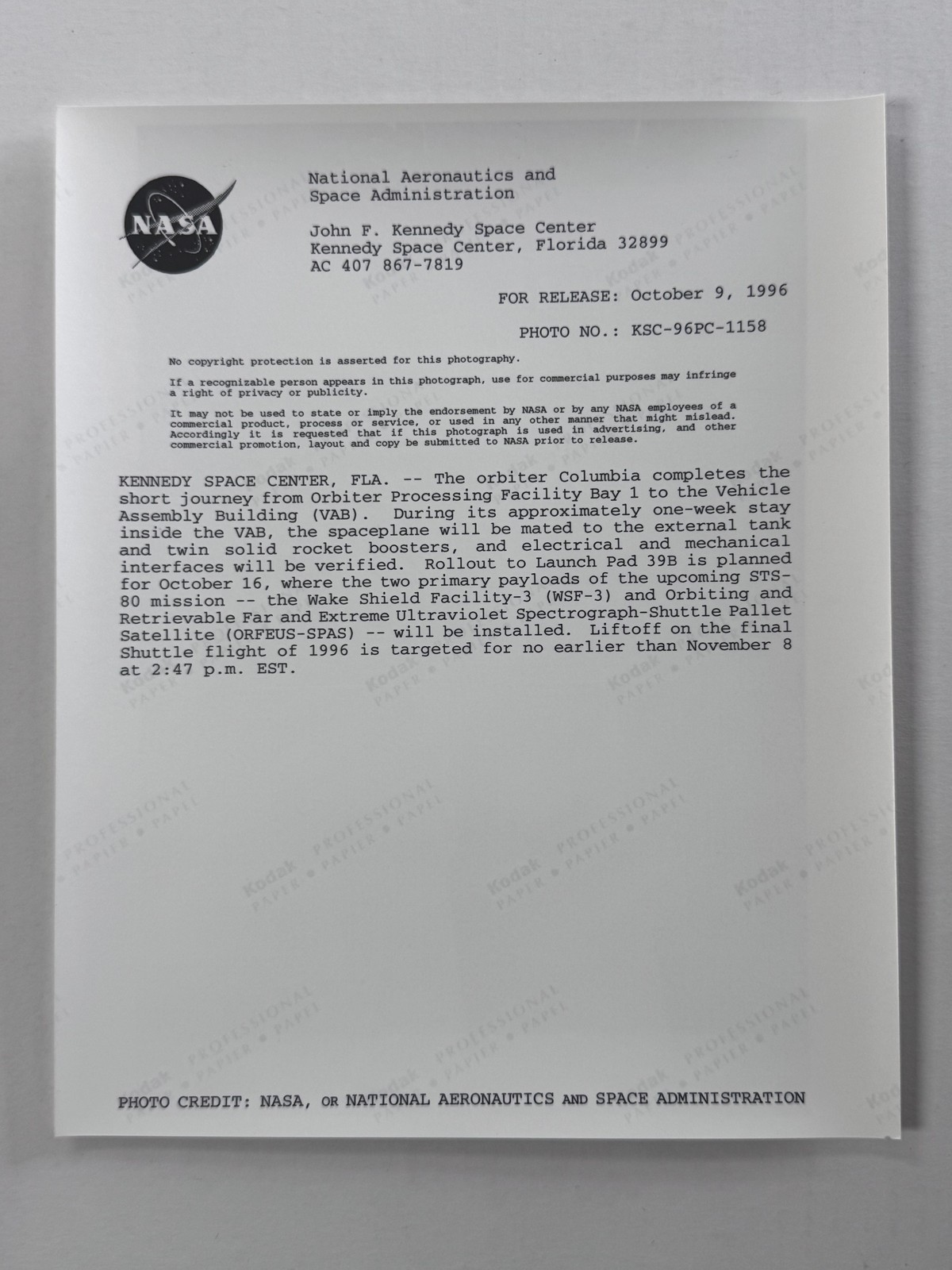 NASA STS-80 ORFEUS-SPAS II Payload Integration Press Photo
