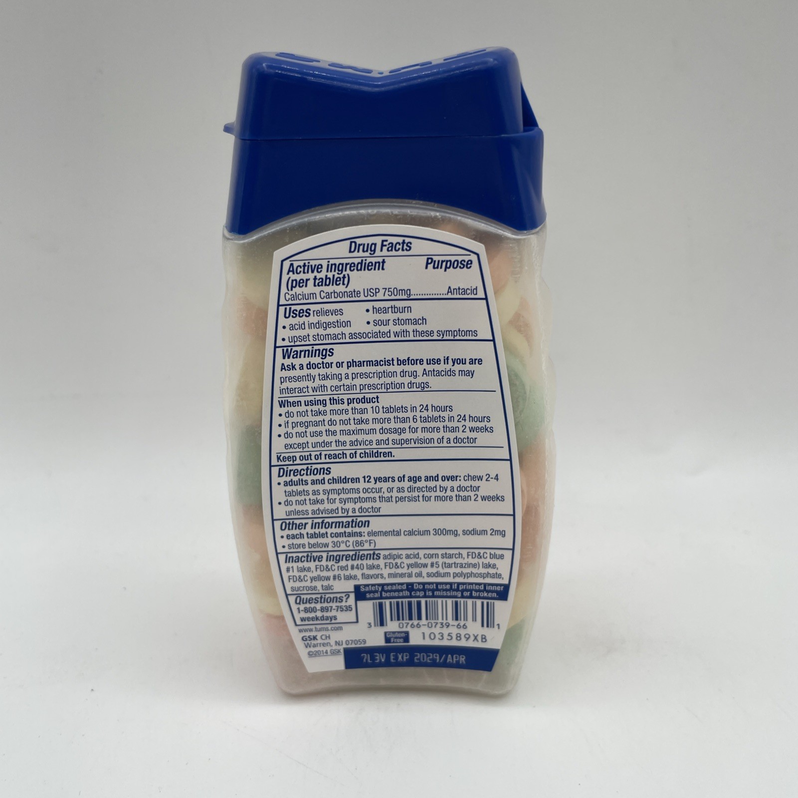 Tums Antacid Plus Calcium Supplement Assorted Fruit 96 tabs 5 Pack