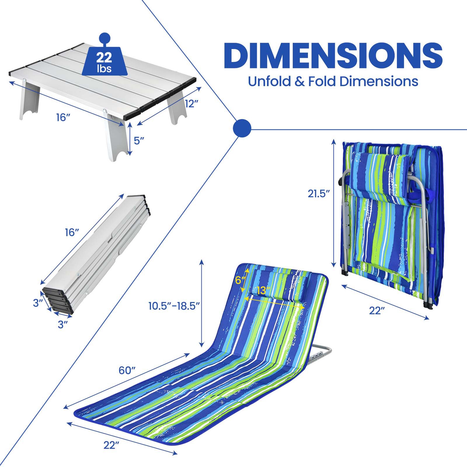 3PCS Folding Beach Mat Set Adjustable Beach Lounge Chair & Side Table Set Stripe