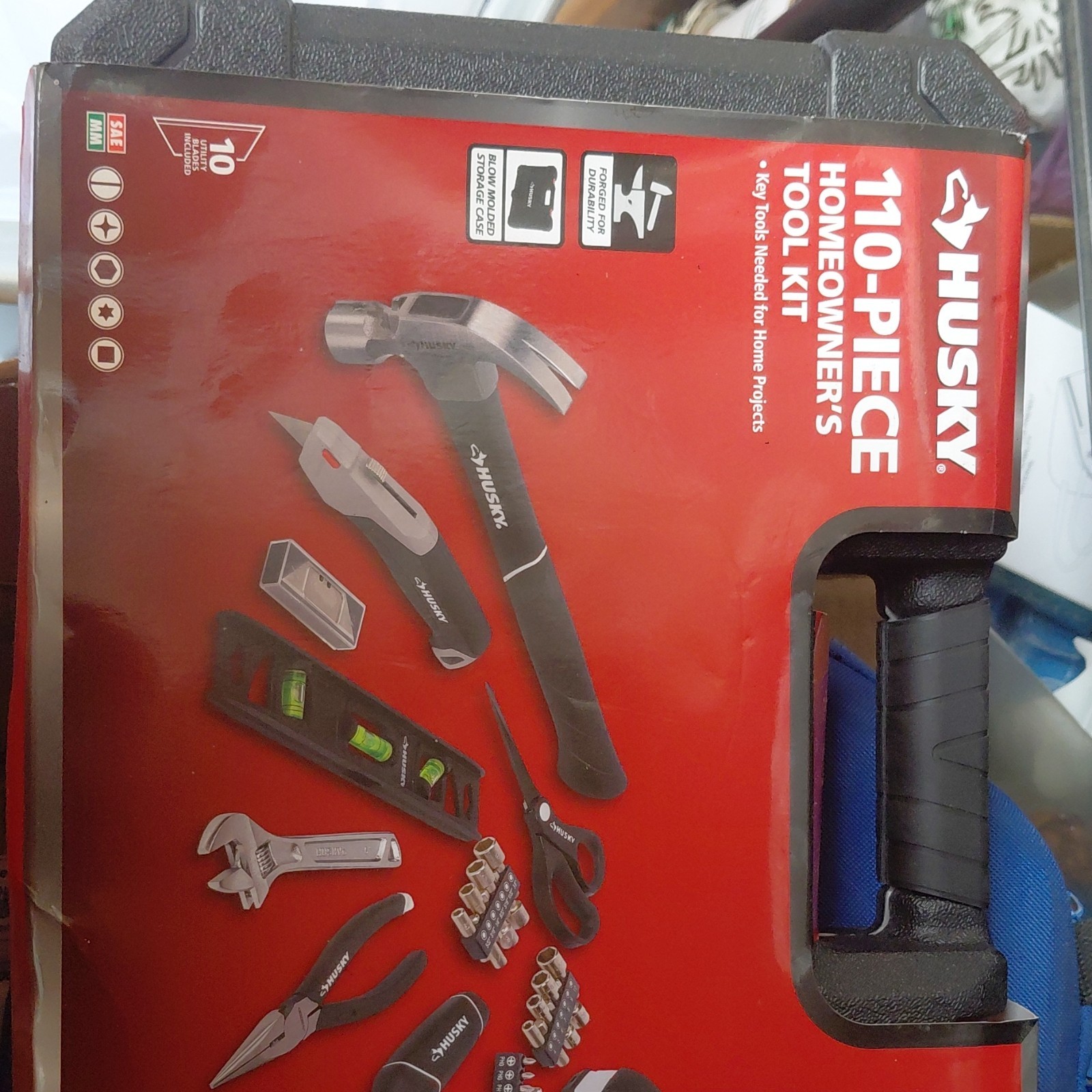 Husky 110-Piece Homeowner's Tool Kit Hammer Pliers Wrench Hard Case Black Red