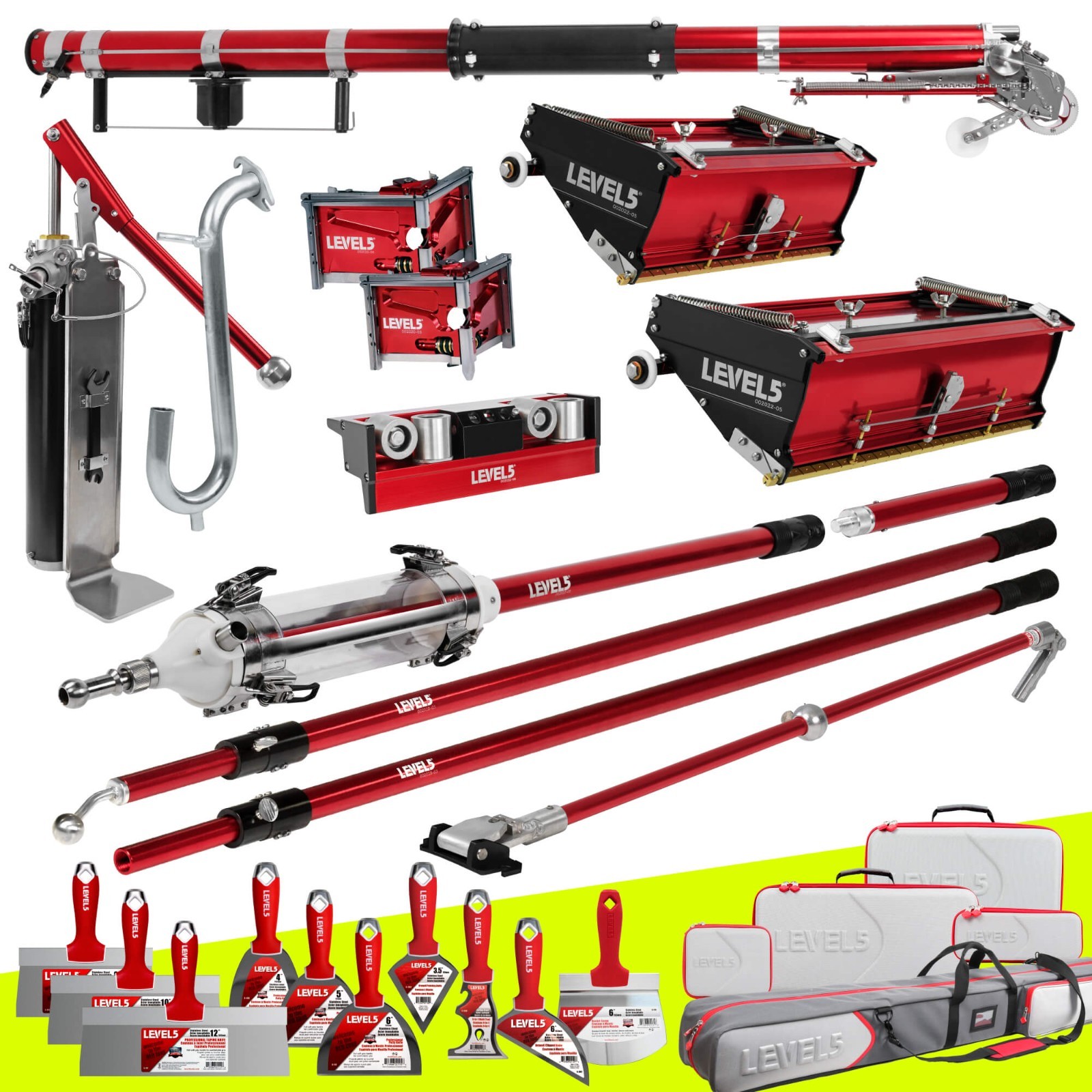 LEVEL5 Drywall Tools | Taper, Flat Boxes, Pump, Ext. Handles + MiniShot | 4-680P