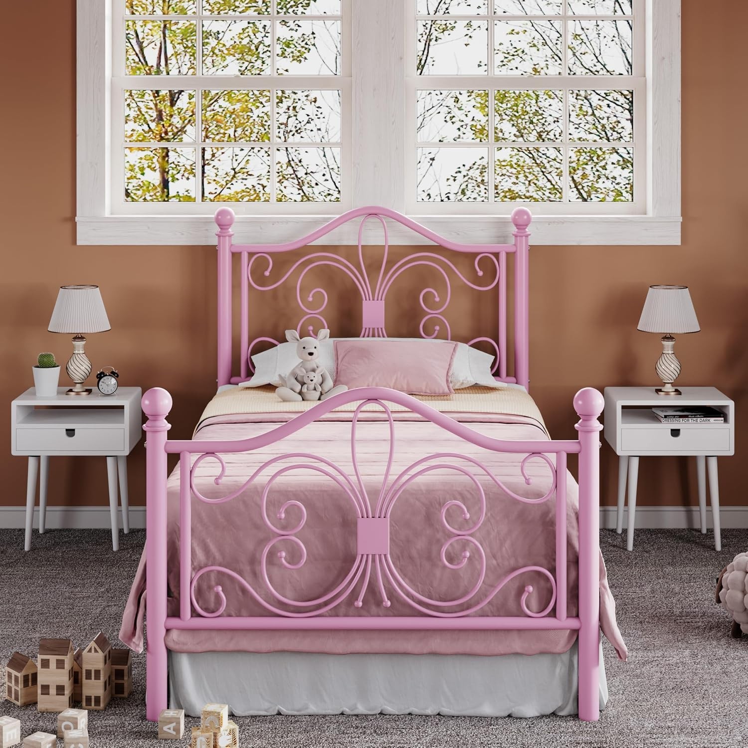Metal Twin Platform Bed Frame Butterfly Pattern Design Pink | Butterfly Design