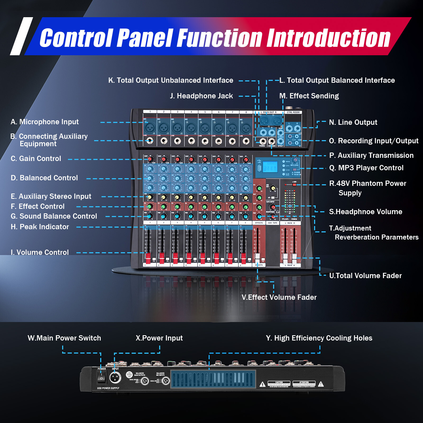 Pro 8 Channel Bluetooth Studio Audio Mixer Live Sound Mixing Console with USB