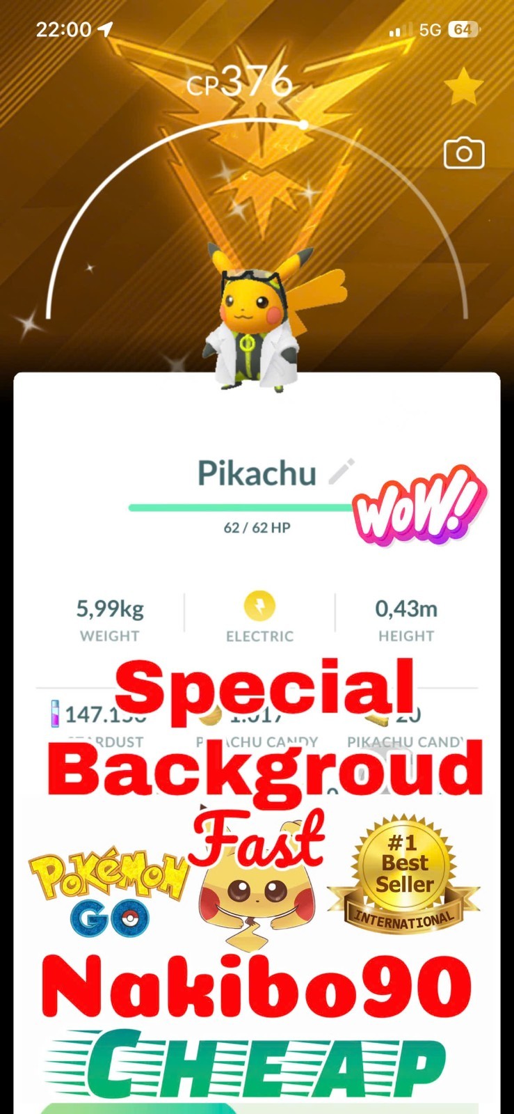 Pokemon✨Shiny Professor Willow’s assistant Pikachu team Instinct✨TRA-DE✨Go✨P’TC✨