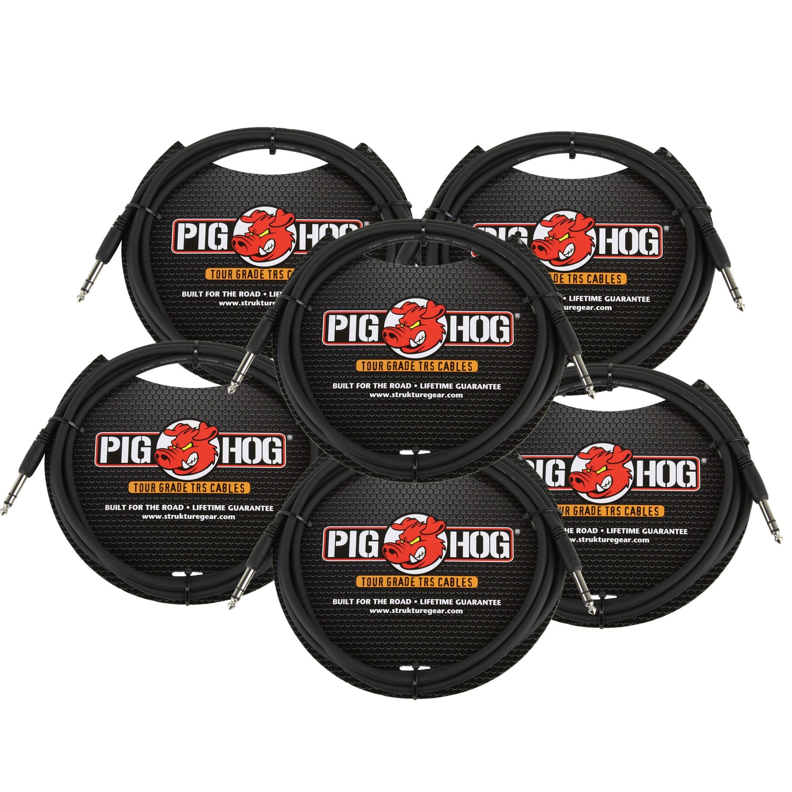 6x Pig Hog PTRS06 High Performance 1/4" TRS Instrument Cable, 6 Feet