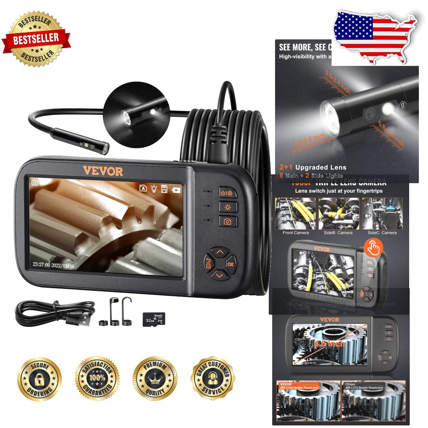 Pro Triple Lens Endoscope 4.5" IPS 1080P HD Borescope 16.5ft Waterproof Oilproof