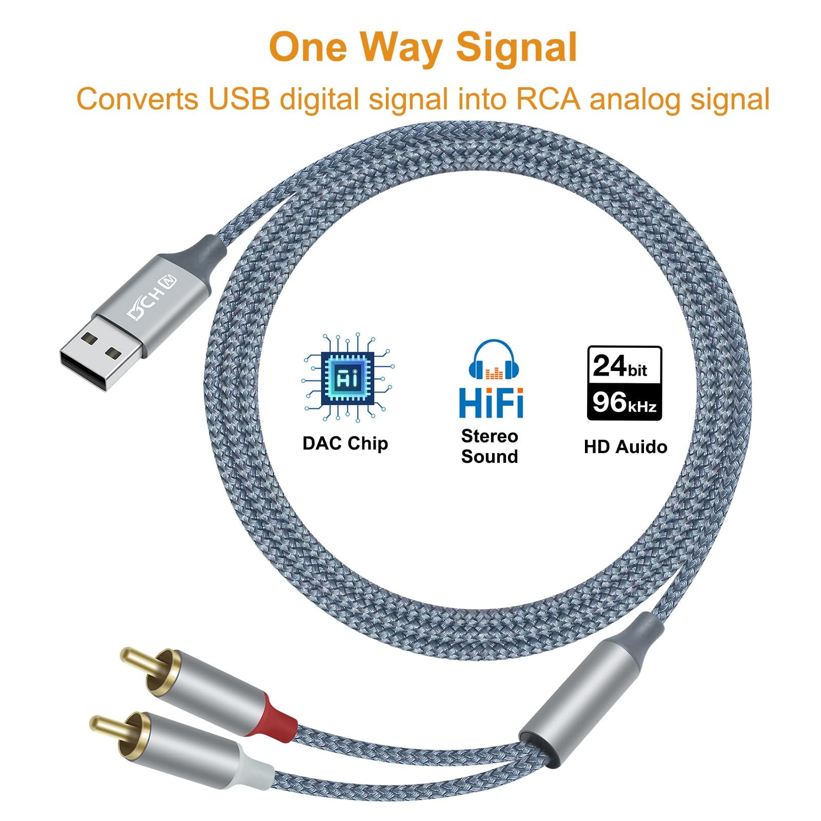 DCHAV 4ft USB to RCA Audio Cable Type A 2 Adapter Cord Male 2RCA grey