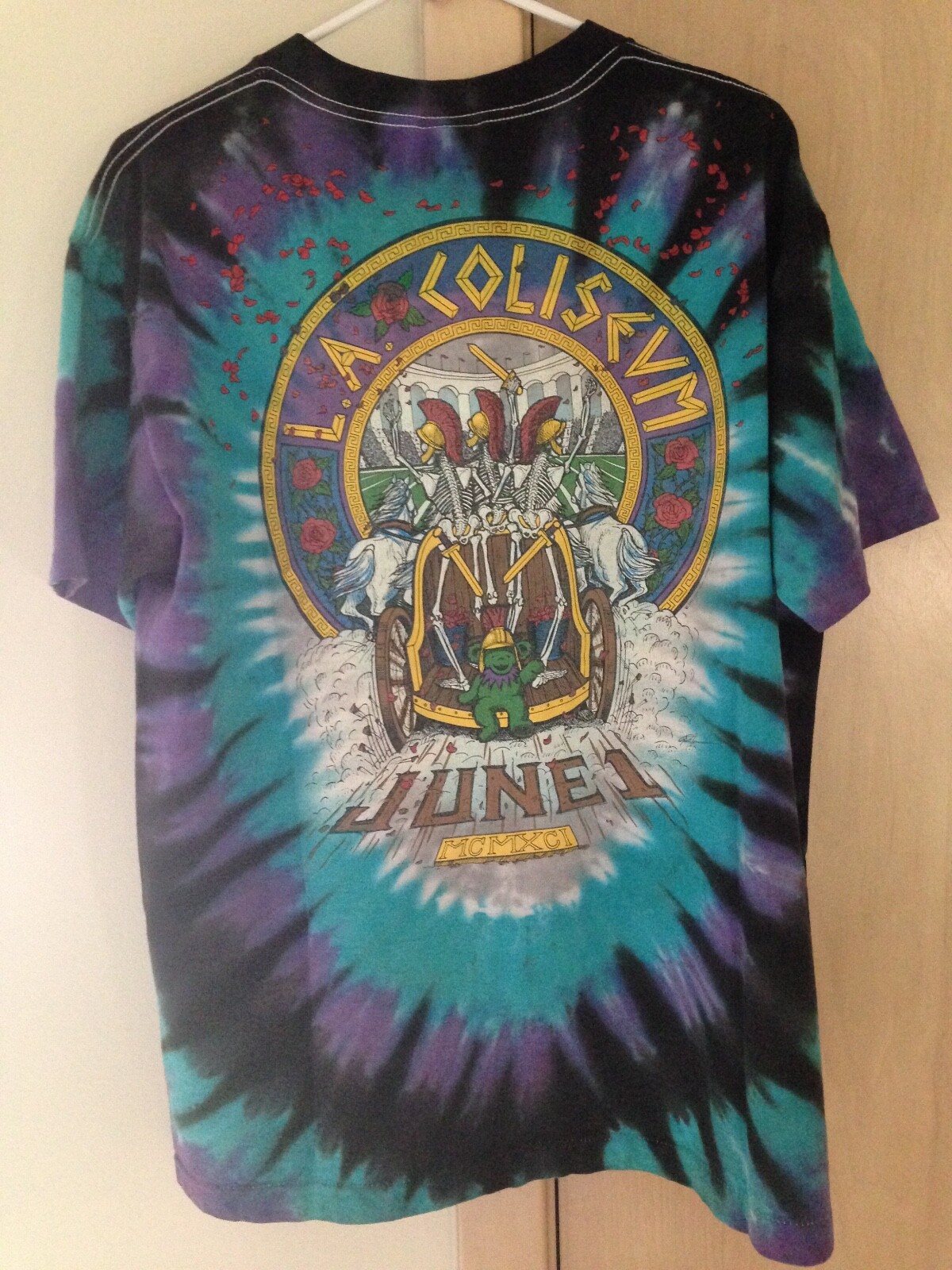 Grateful Dead 1991 GDM LA Coliseum Vintage Shirt Green Bear Skull & Roses Rare