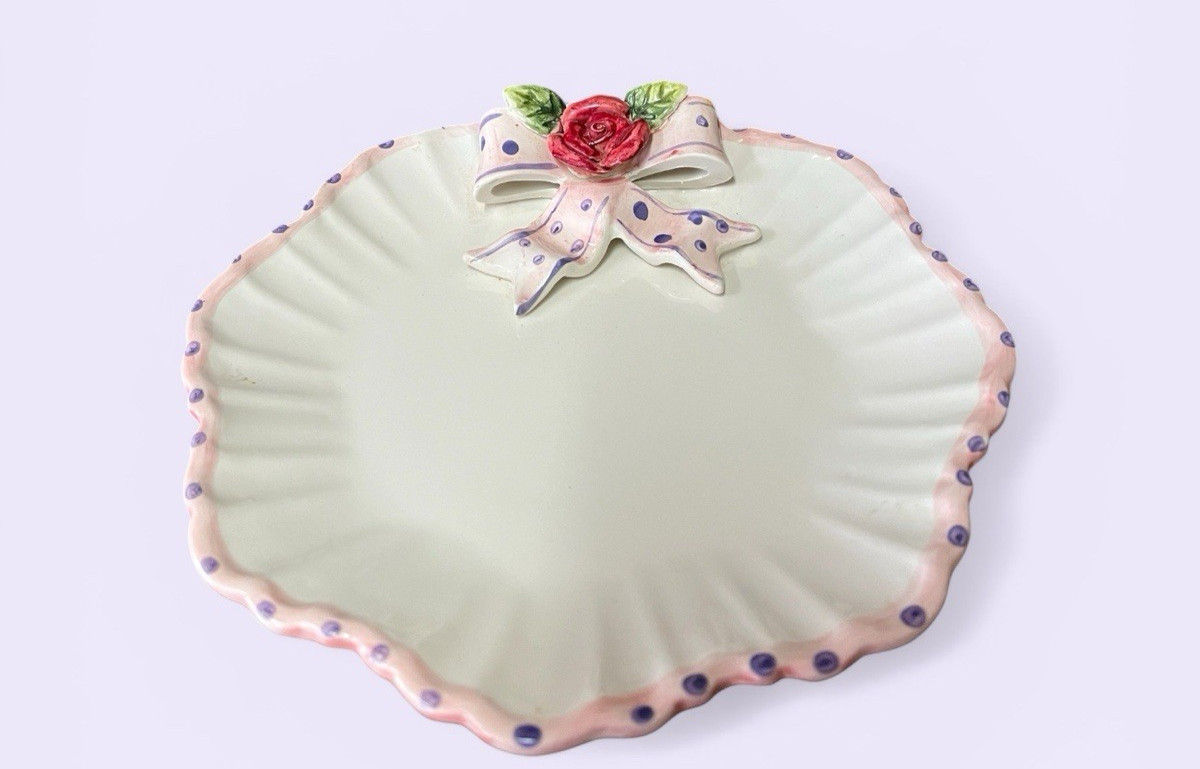 World Bazaars Inc Rose Ribbon 8 Inch Plate Pink Purple Edge Polka Dots Leaves