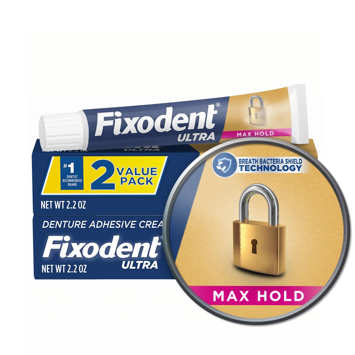 Fixodent Ultra Max Hold Denture Adhesive, 2.2 oz, Pack of 2