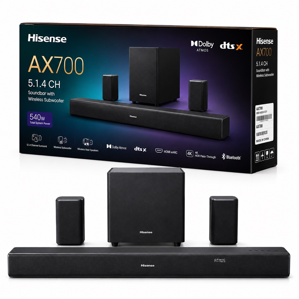 Hisense AX700 5.1.4 CH Dolby Atmos Soundbar Wireless Subwoofer Rear Speakers 4K