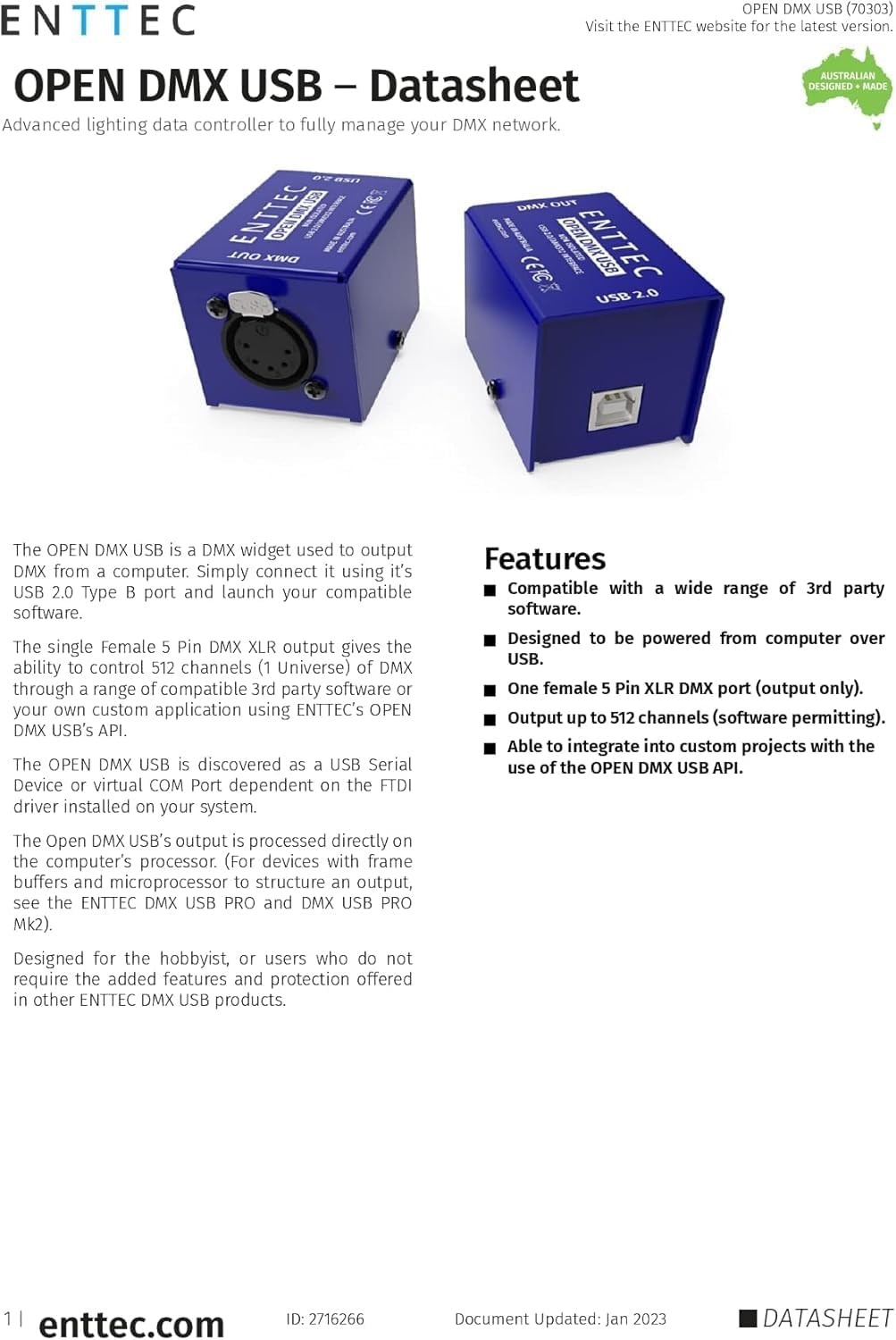 Enttec Open DMX USB 70303 Lighting Interface Controller Widget (Open Blue