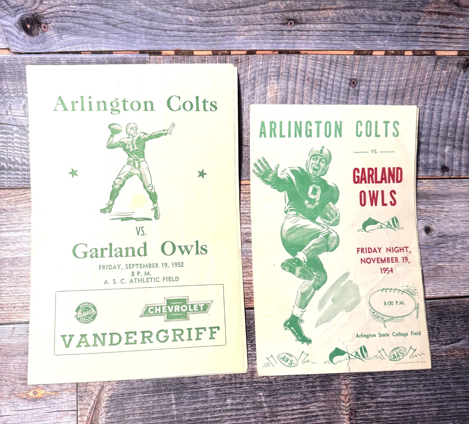 1952 + 1954 Arlington Colts vs Garland Owls Football Programs Texas Advertising