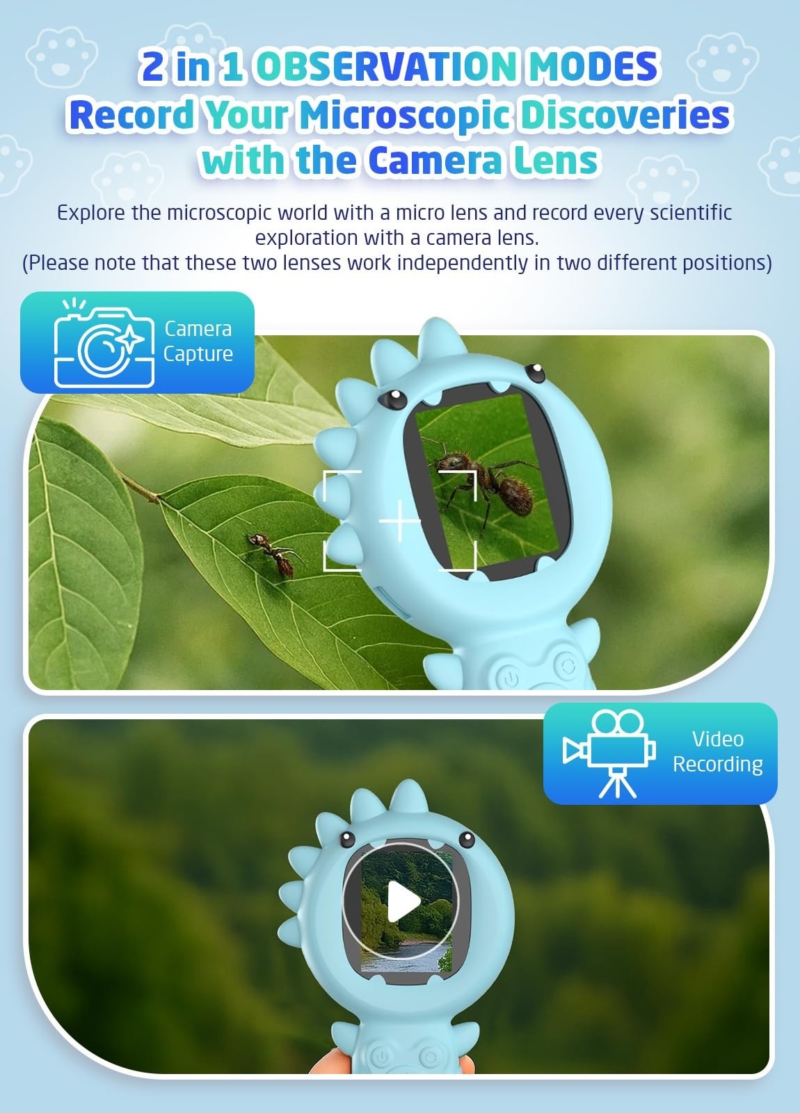 Kids Microscope Camera, 500X Handheld 2" IPS Screen, Blue Dinosaur | 2-in-1...
