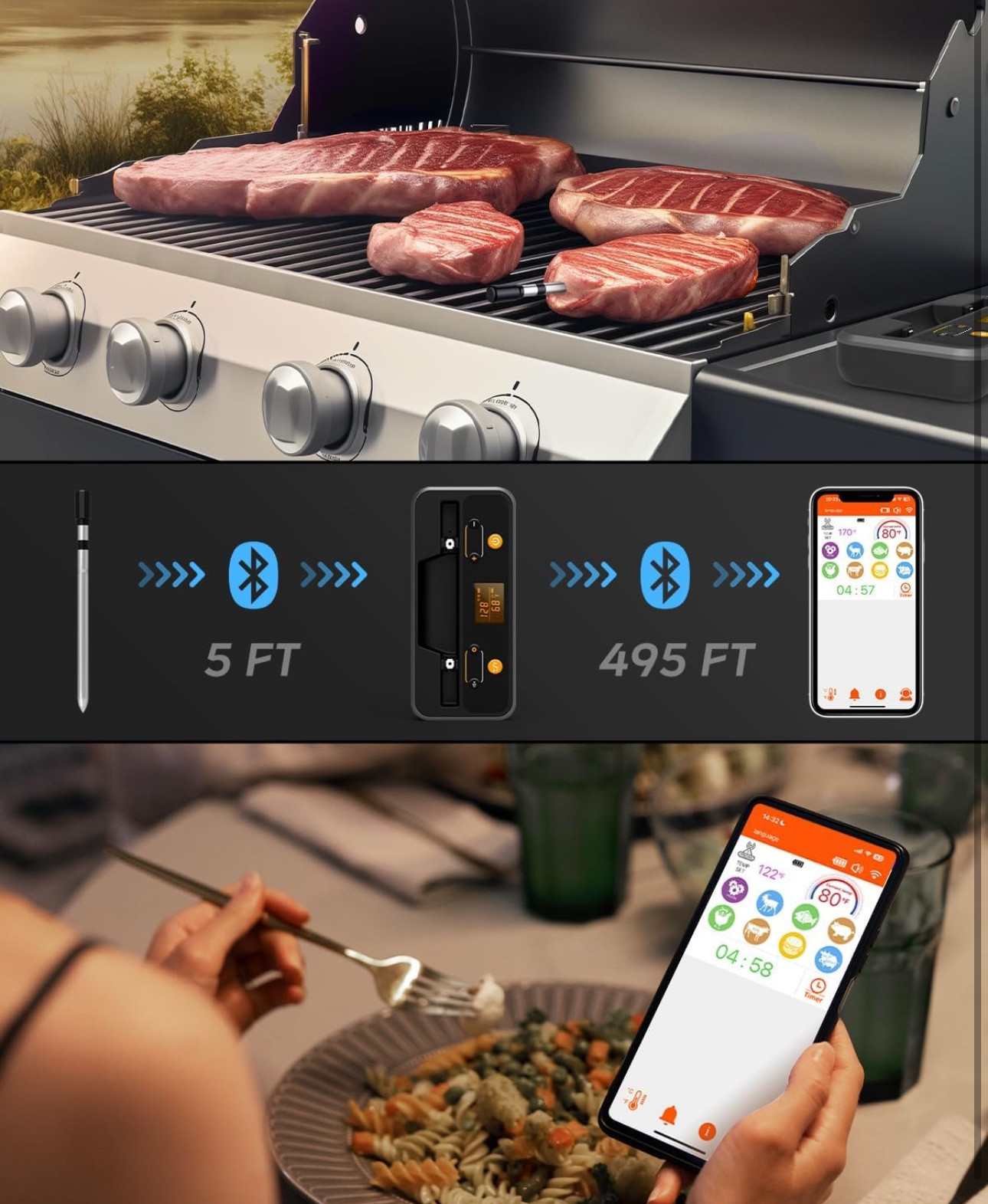Smart Wireless Meat Thermometer Digital - Bluetooth Meat Thermometer for Grill