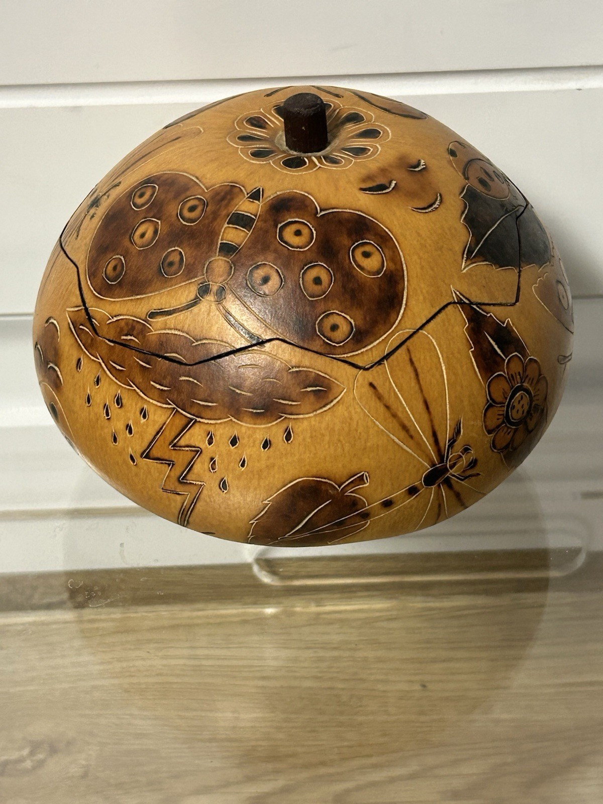 Vintage Hand Carved Gourd Peruvian Folk Art Smithsonian Peru Butterfly Ladybug