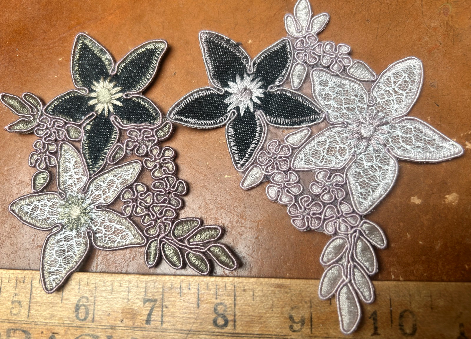 applique embroidered lace black denim soutache 4x4.75" flowers 1pc
