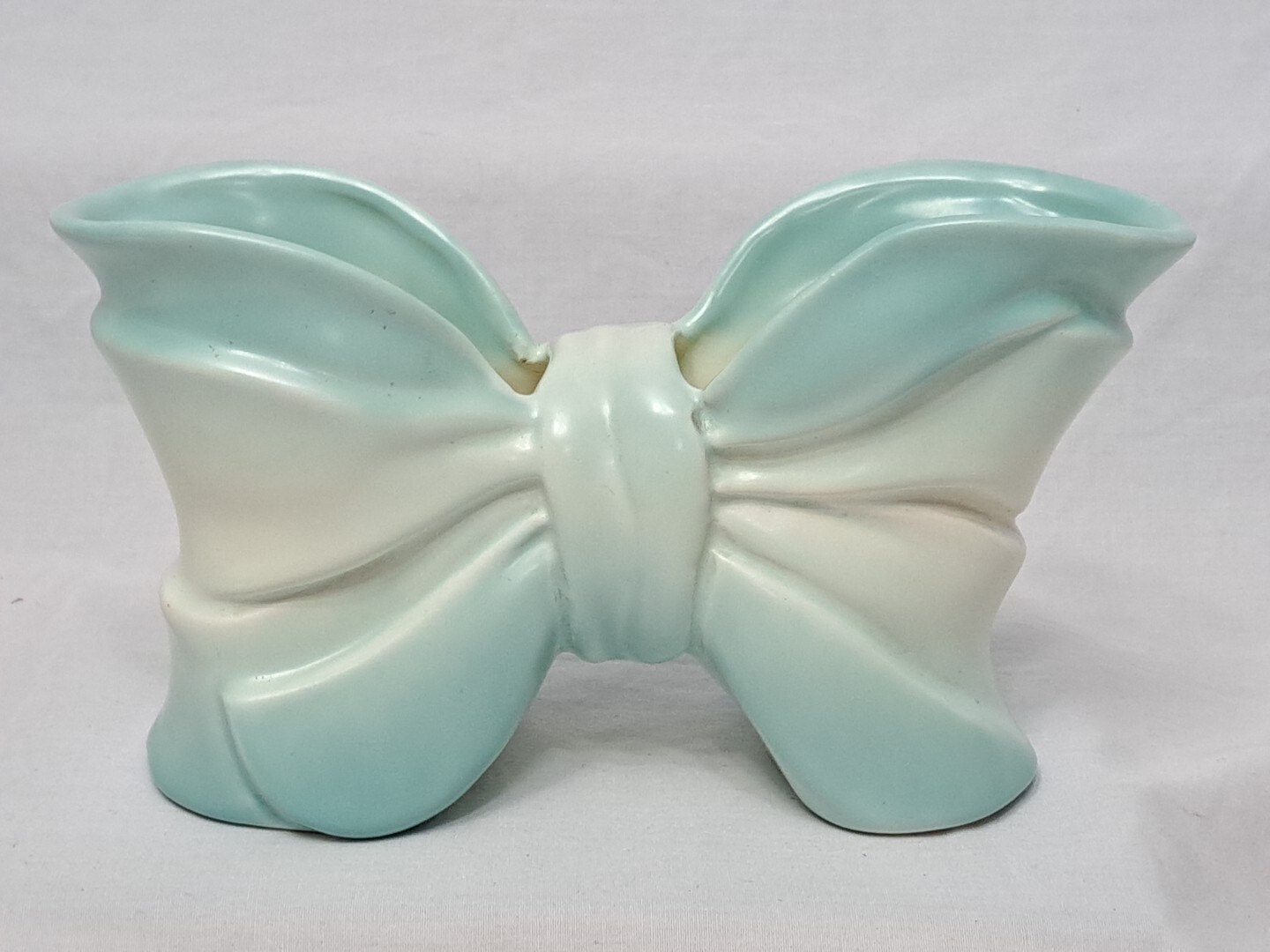 Bow Shaped Pottery Blue White Double Flower Planter 4.5"x 8"x 2.5" Vintage EUC
