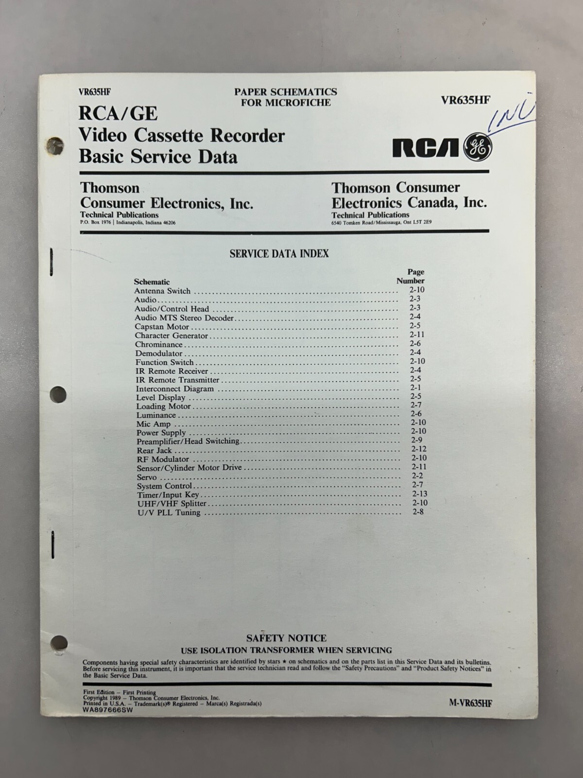 RCA VR635HF Original Schematics Free Shipping