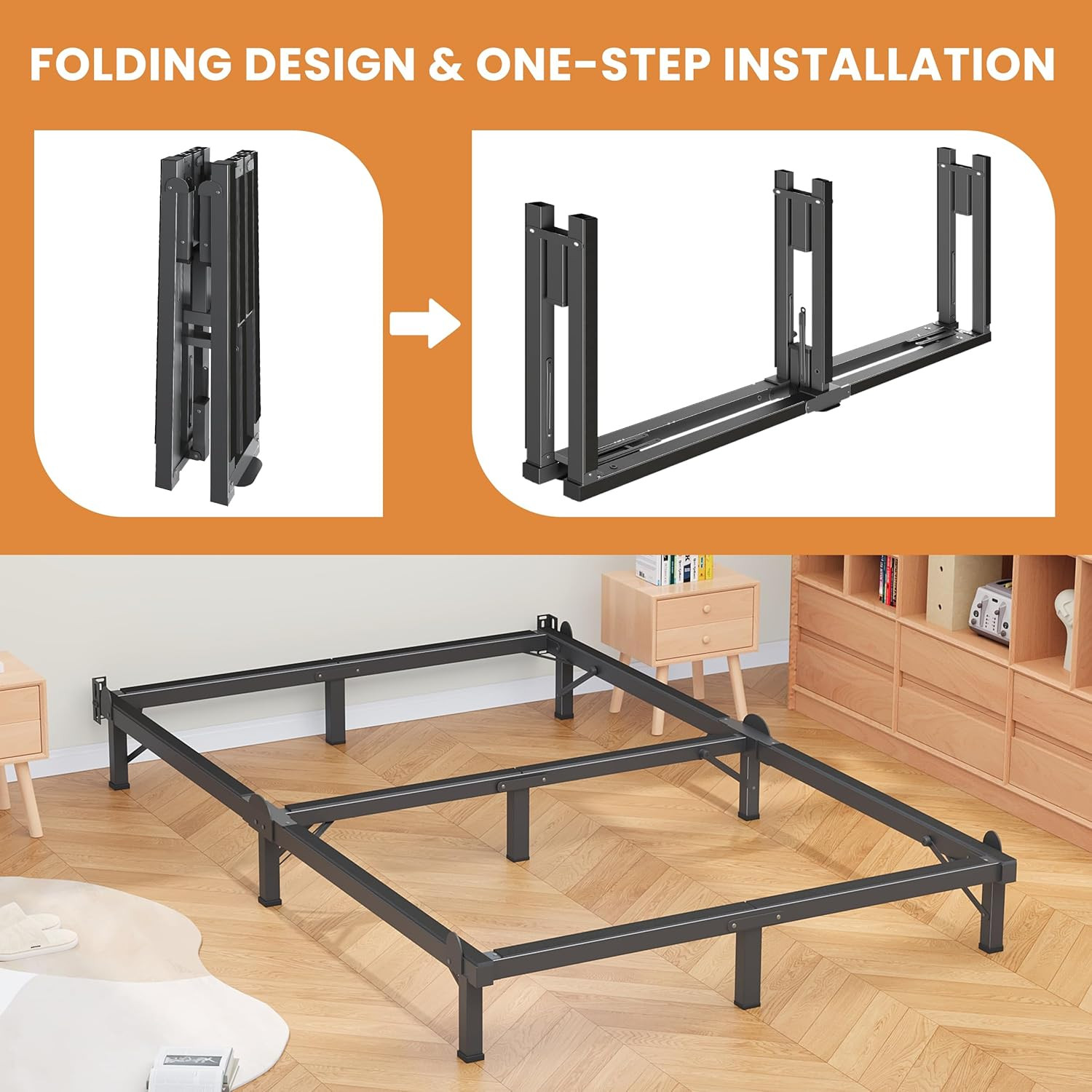 Metal Bed Frame Queen 8 Inches for Box Spring, 9-Legs Support Basics | Foldable